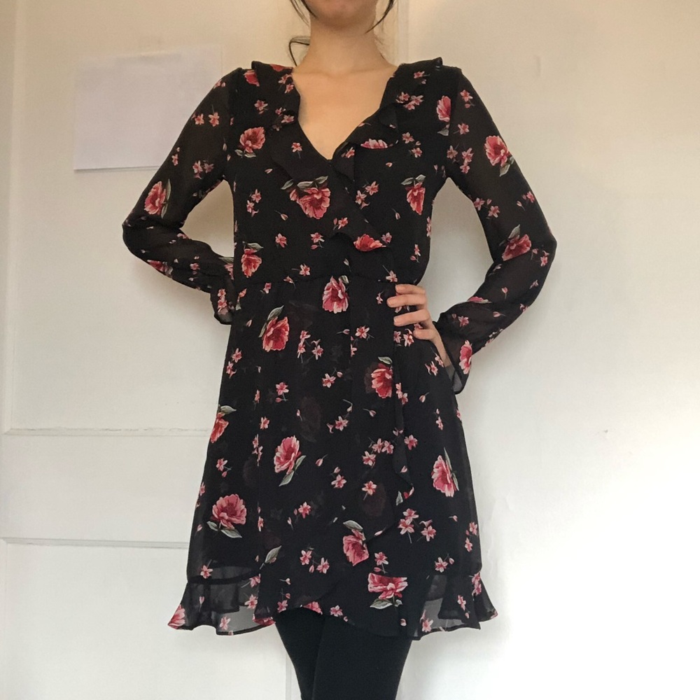 Black floral chiffon dress.